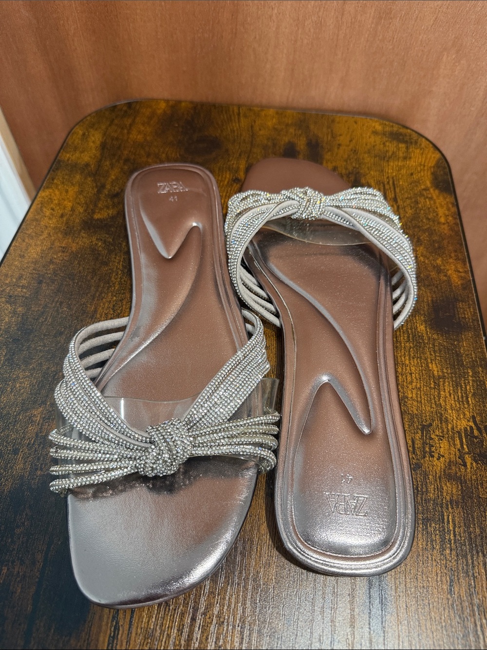 Zara Metallic Brown Beaded Knot Slide Sandals